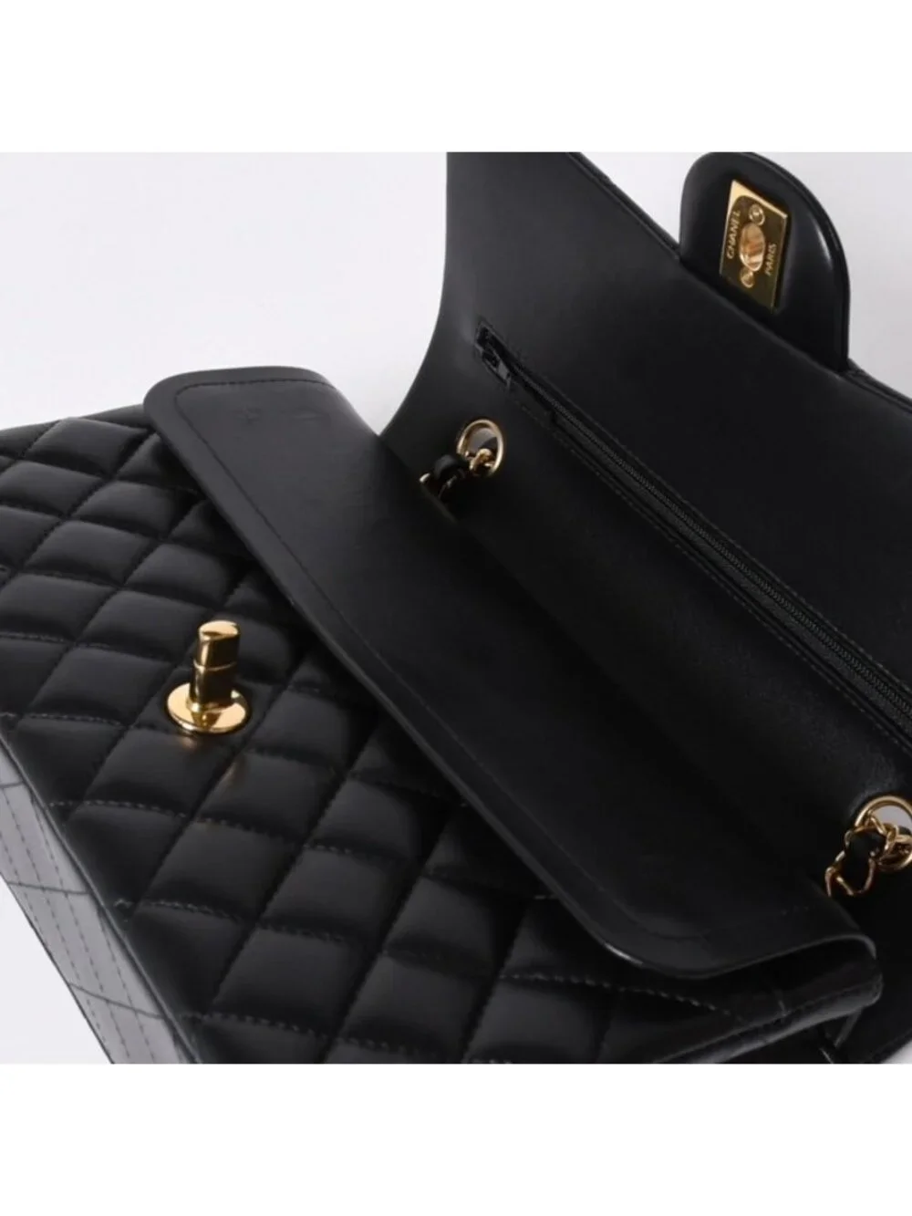 Chanel Quilted 25 Double Flap Chain Shoulder Bag Base CC Logo Lambskin Black